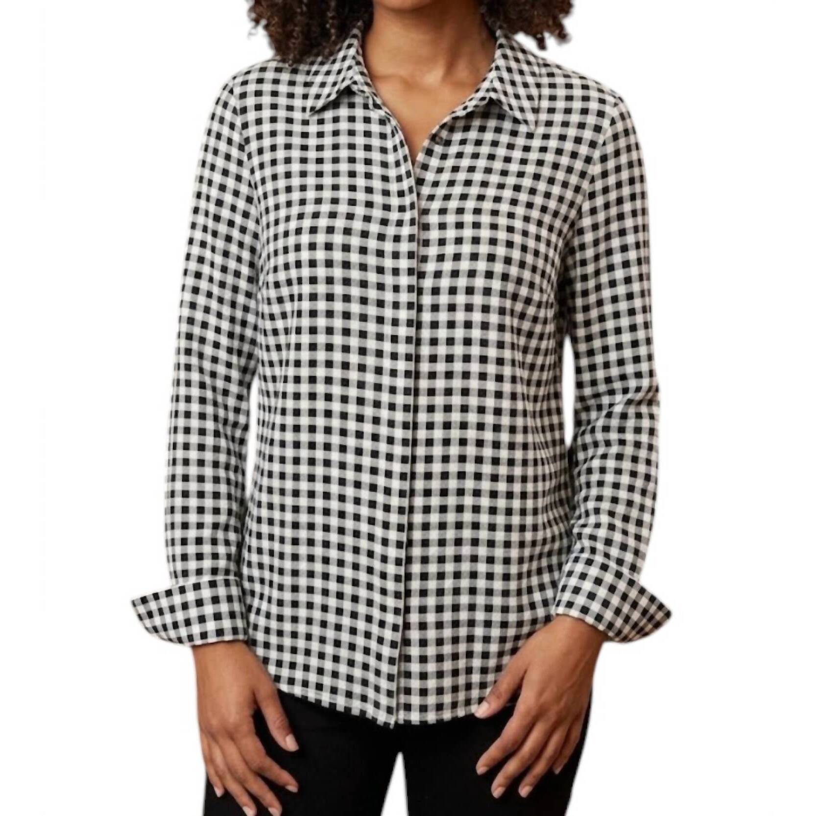 New Renuar Long Sleeve Button Up Woven Blouse In Black Combo